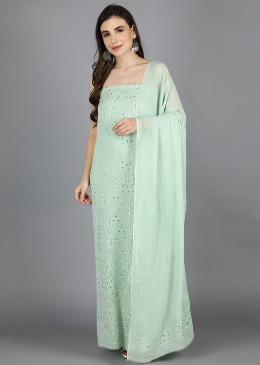 Firgun Sea Green Lucknowi Chikankari Viscose Georgette Unstitched Kurta & Dupatta Set-1