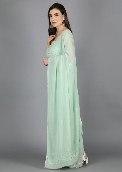 Firgun Sea Green Lucknowi Chikankari Viscose Georgette Unstitched Kurta & Dupatta Set-1