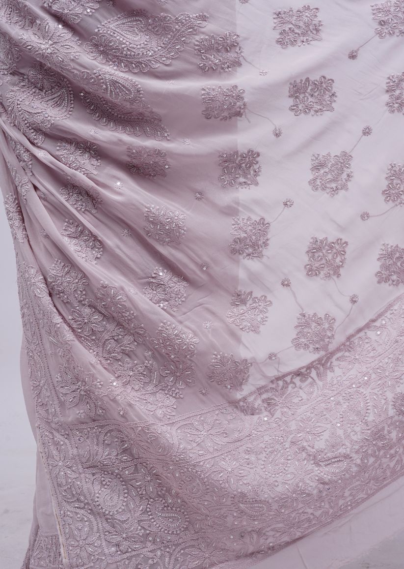 Firgun Rosy Brown Lucknowi Chikankari Viscose Georgette Saree with Unstitched Blouse Piece