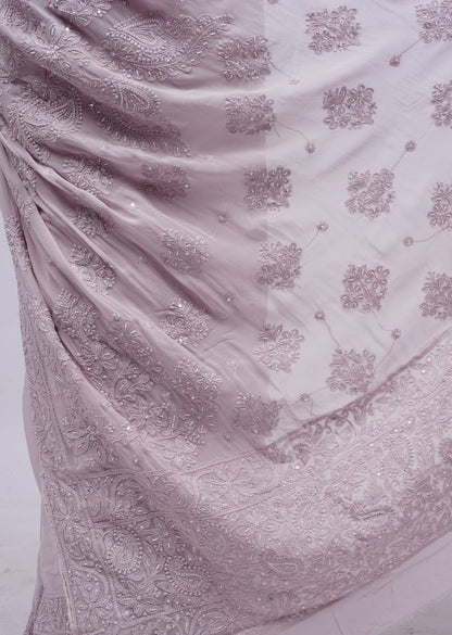 Firgun Rosy Brown Lucknowi Chikankari Viscose Georgette Saree with Unstitched Blouse Piece