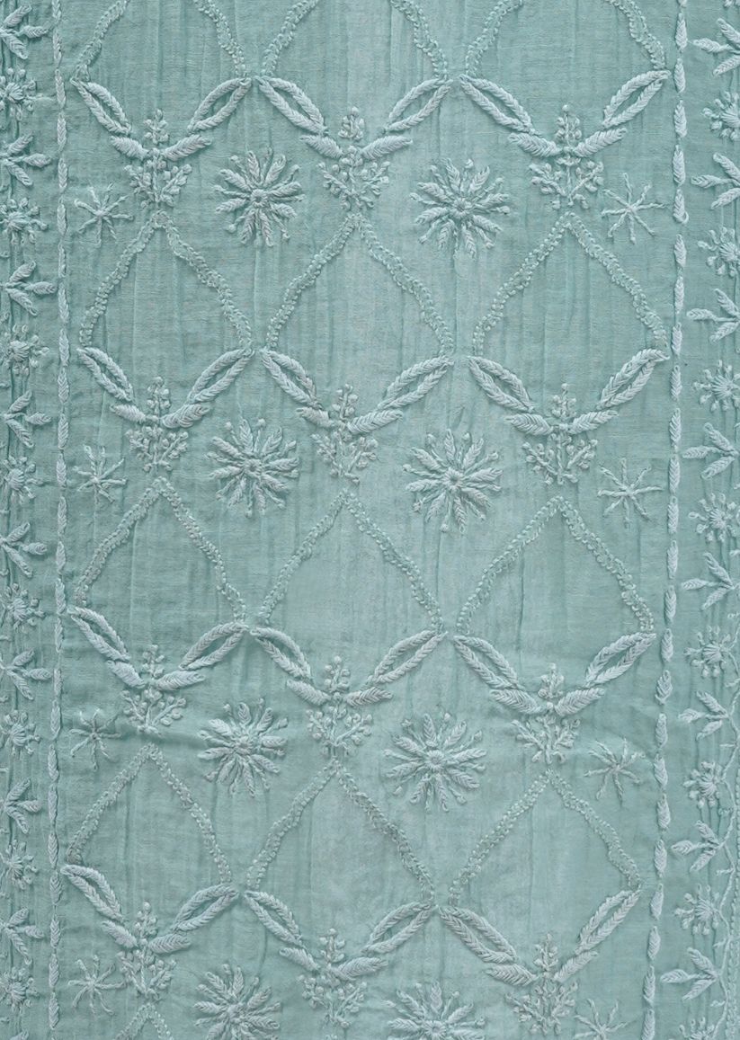 Firgun Pine Green Lucknowi Chikankari Mul Chanderi Unstitched Kurta & Dupatta Set