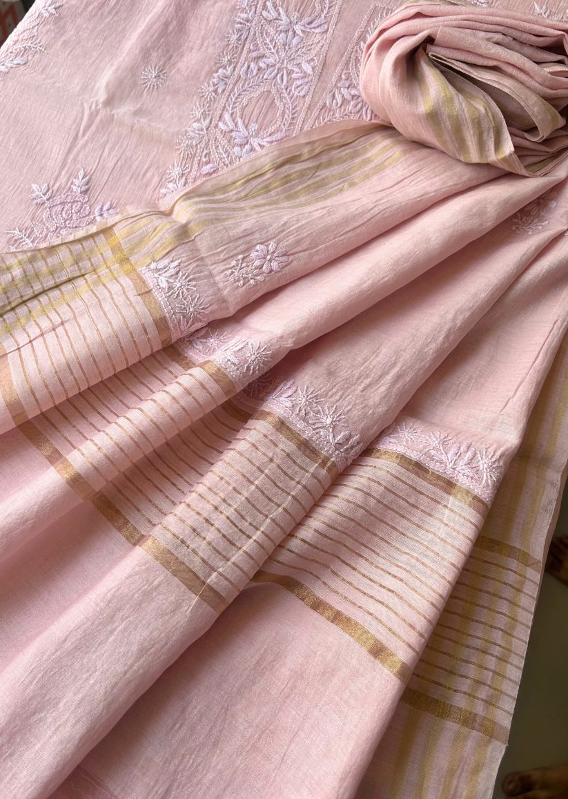 Firgun Blush Pink Lucknowi Chikankari Mul Chanderi Unstitched Kurta & Dupatta Set