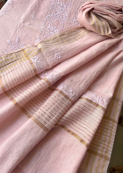 Firgun Blush Pink Lucknowi Chikankari Mul Chanderi Unstitched Kurta & Dupatta Set