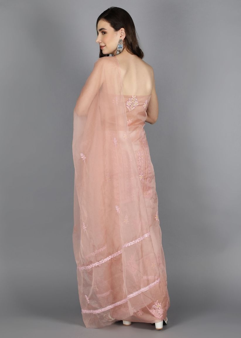 Firgun Rose gold Lucknowi Chikankari Organza Unstitched Kurta & Dupatta Set