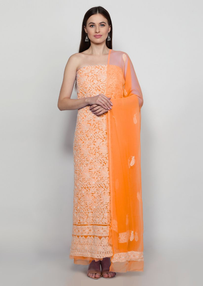 Firgun Hand Embroidered Orange Lucknowi Chikankari Georgette Unstitched Suit Set