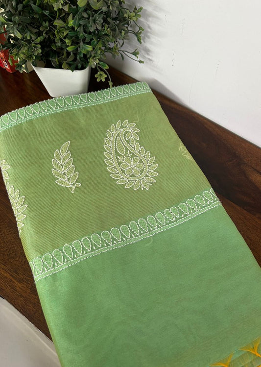 Firgun Pista Green Lucknowi Chikankari Chanderi Saree with Unstitched Blouse Piece