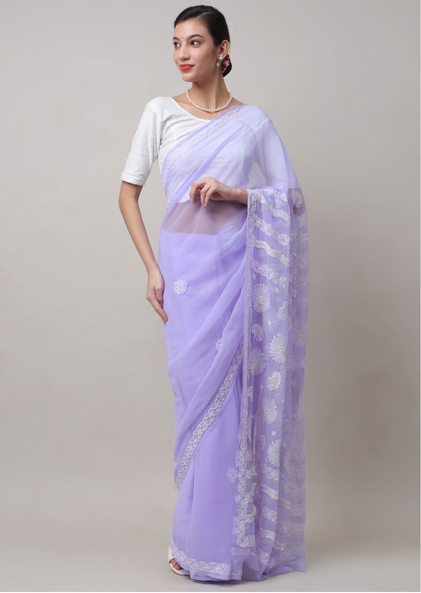 Firgun Lucknowi Chikankari Georgette Saree with Blouse Piece