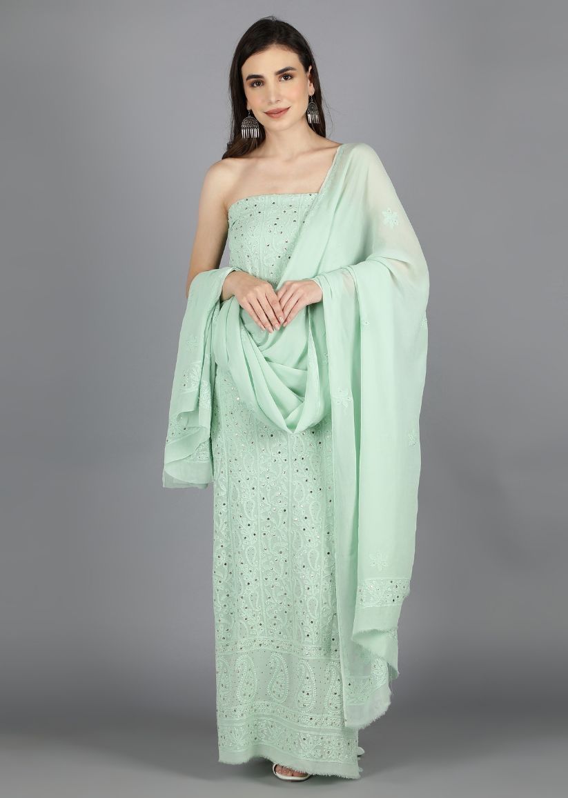 Firgun Sea Green Lucknowi Chikankari Viscose Georgette Unstitched Kurta & Dupatta Set-1