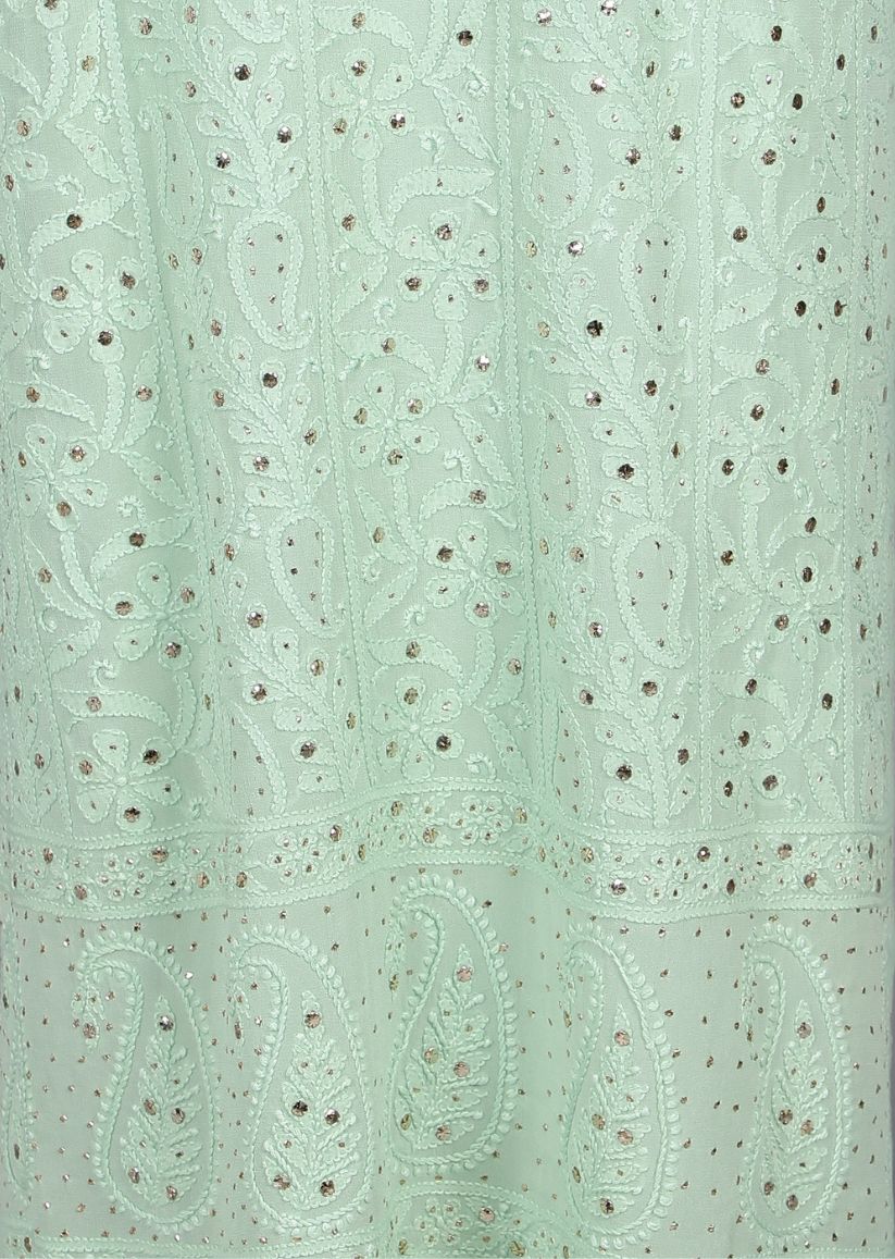 Firgun Sea Green Lucknowi Chikankari Viscose Georgette Unstitched Kurta & Dupatta Set-1