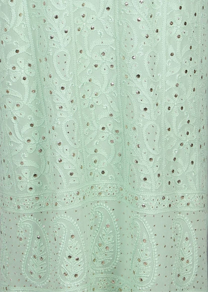 Firgun Sea Green Lucknowi Chikankari Viscose Georgette Unstitched Kurta & Dupatta Set-1