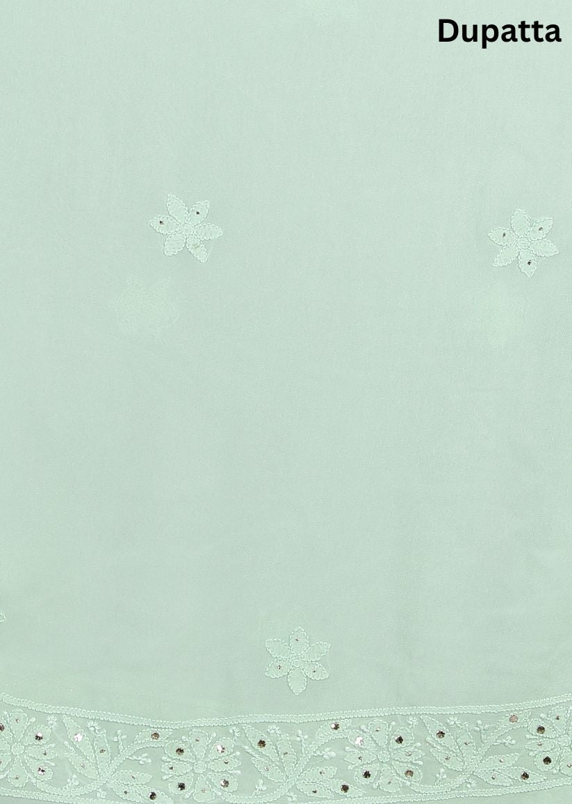 Firgun Sea Green Lucknowi Chikankari Viscose Georgette Unstitched Kurta & Dupatta Set-1