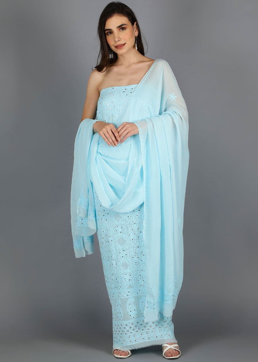 Firgun Sky Blue Lucknowi Chikankari Viscose Georgette Unstitched Kurta & Dupatta Set