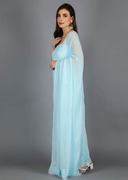 Firgun Sky Blue Lucknowi Chikankari Viscose Georgette Unstitched Kurta & Dupatta Set