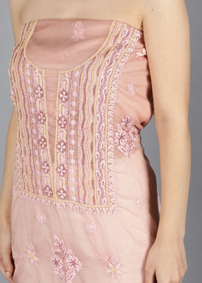 Firgun Rose gold Lucknowi Chikankari Organza Unstitched Kurta & Dupatta Set
