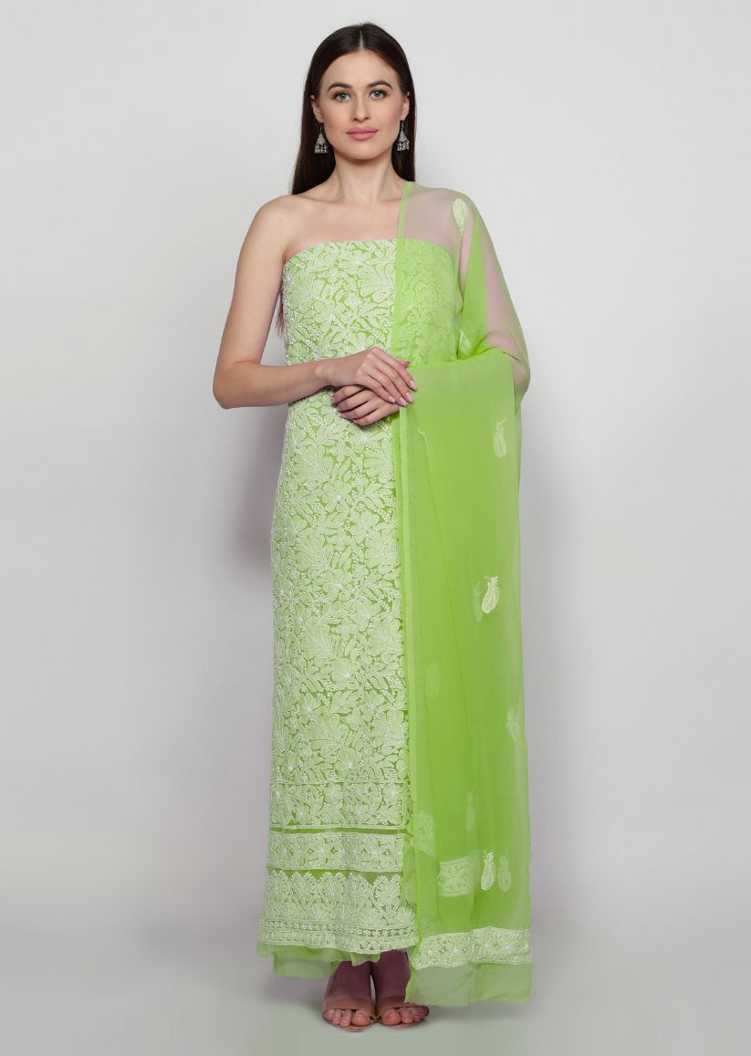 Firgun Hand Embroidered Pista Green Lucknowi Chikankari Georgette Unstitched Suit Set