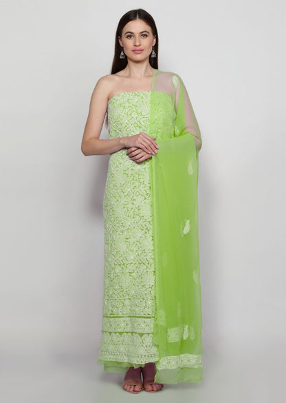 Firgun Hand Embroidered Pista Green Lucknowi Chikankari Georgette Unstitched Suit Set