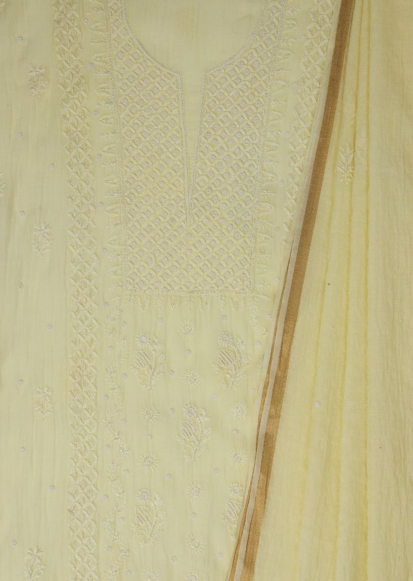Firgun Lemon Lucknowi Chikankari & Pearl Work Mul Chanderi Unstitched Kurta & Dupatta Set