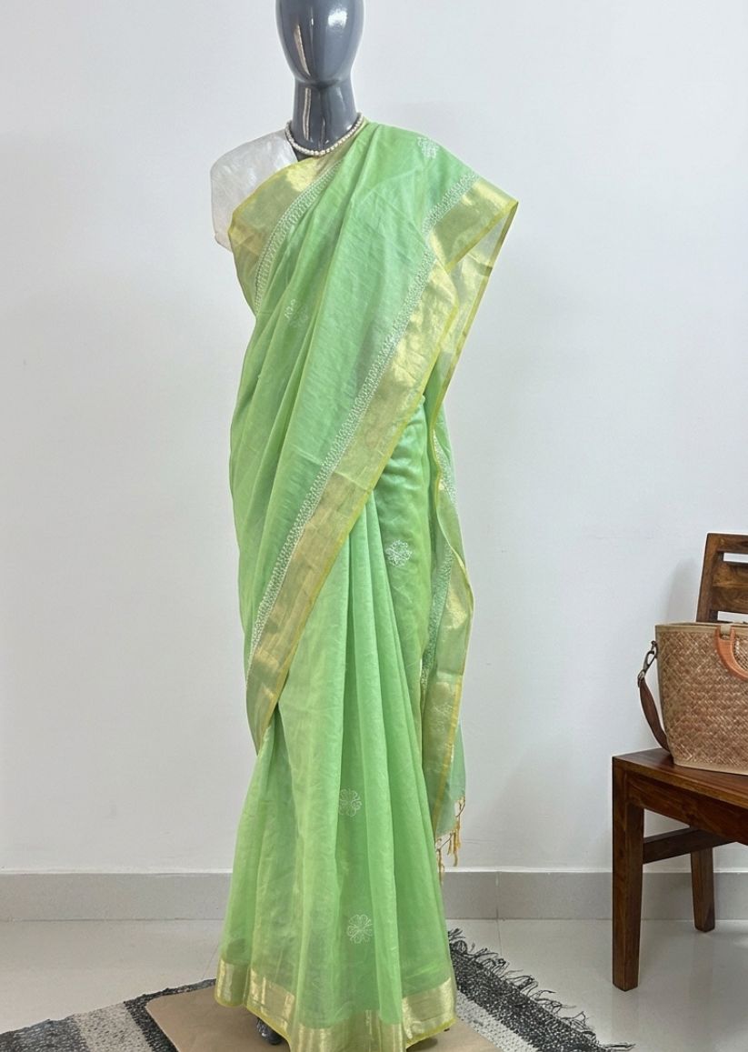 Firgun Pista Green Lucknowi Chikankari Chanderi Saree with Unstitched Blouse Piece