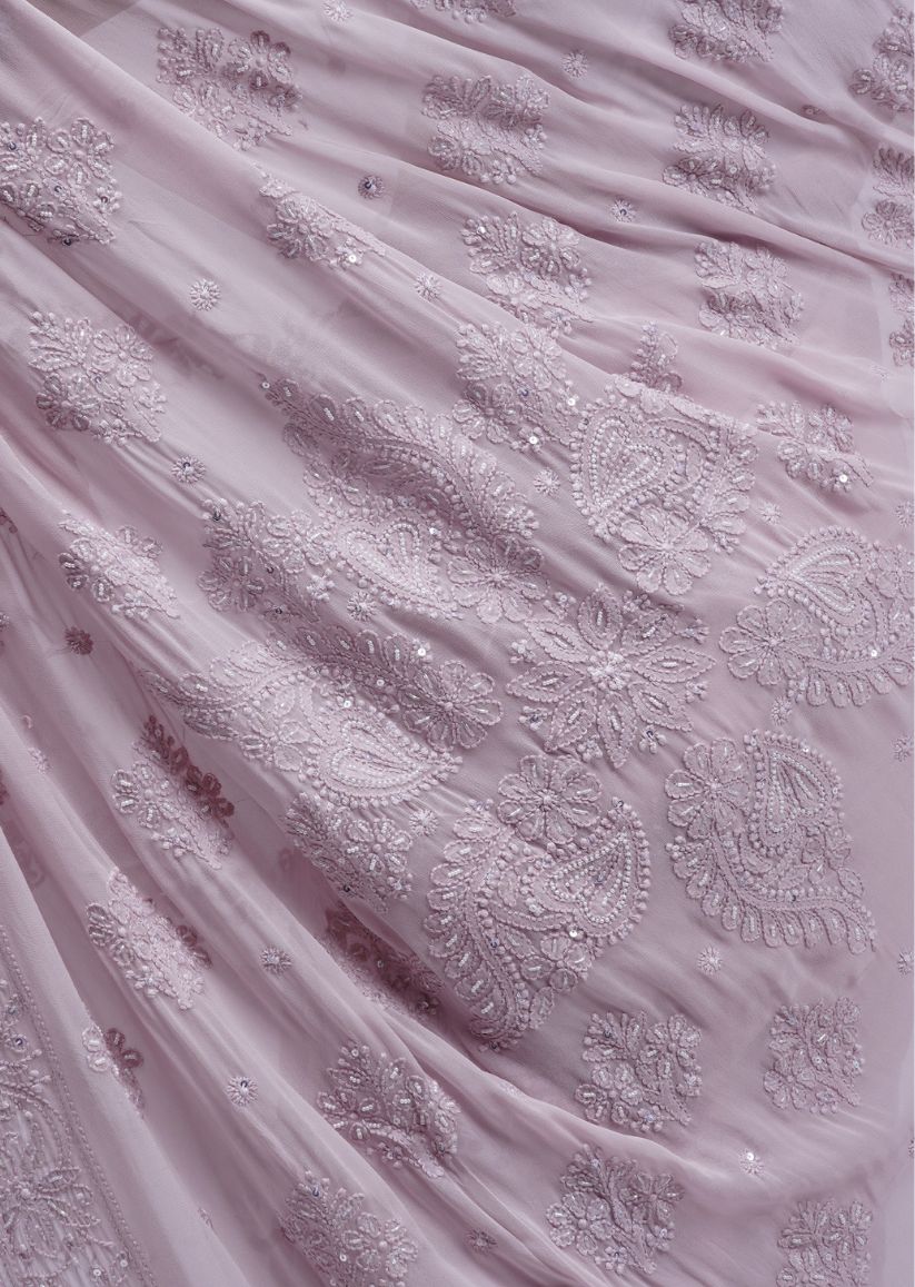 Firgun Rosy Brown Lucknowi Chikankari Viscose Georgette Saree with Unstitched Blouse Piece