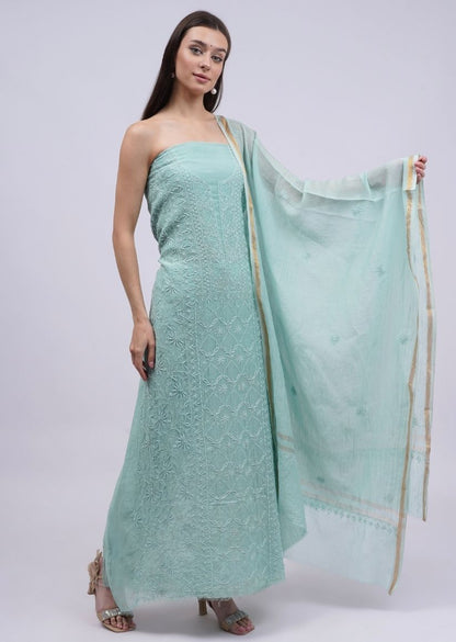 Firgun Pine Green Lucknowi Chikankari Mul Chanderi Unstitched Kurta & Dupatta Set