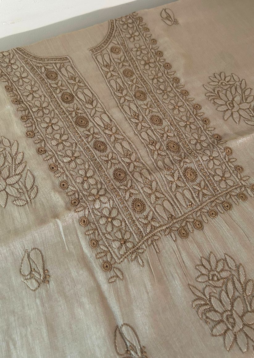 Firgun Champagne Beige Lucknowi Chikankari Chanderi Silver Tissue Kurta Dupatta Set