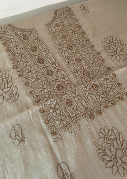 Firgun Champagne Beige Lucknowi Chikankari Chanderi Silver Tissue Kurta Dupatta Set