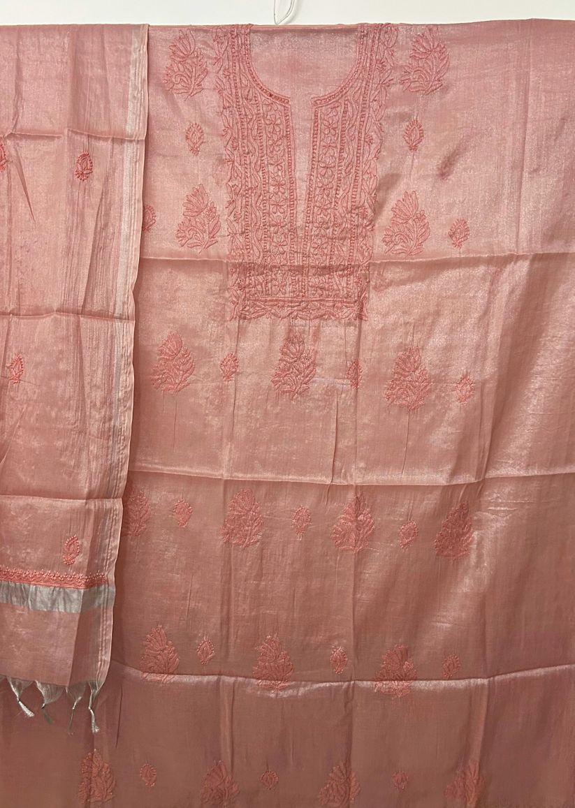 Firgun Red Lucknowi Chikankari Chanderi Silver Tissue Kurta Dupatta Set