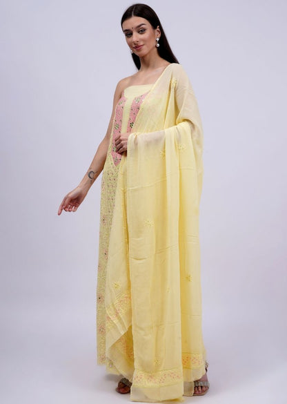Firgun Lemon Lucknowi Chikankari Viscose Georgette Unstitched Kurta & Dupatta Set