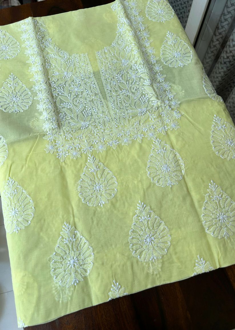 Firgun Lemon Yellow Lucknowi Chikankari Cotton Unstitched Kurta