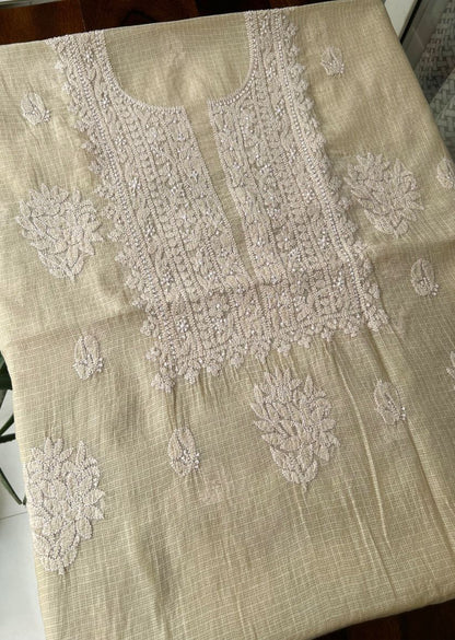 Firgun Beige Lucknowi Chikankari Kota Unstitched Kurta & Dupatta Set
