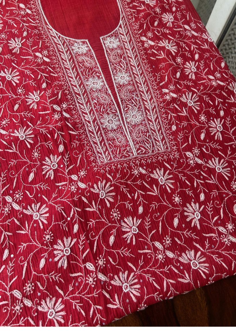 Firgun Red Lucknowi Chikankari Mul Chanderi Unstitched Kurta & Dupatta Set with Pearl & Cutdana Work