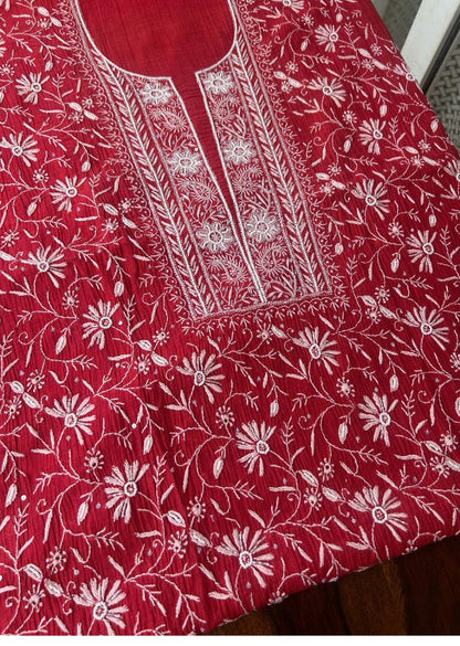 Firgun Red Lucknowi Chikankari Mul Chanderi Unstitched Kurta & Dupatta Set with Pearl & Cutdana Work