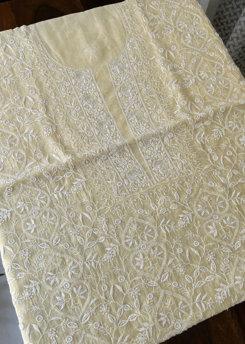 Firgun Butter Yellow Lucknowi Chikankari with Pearl & Cutdana Work Mul Chanderi Unstitched Kurta & Dupatta Set