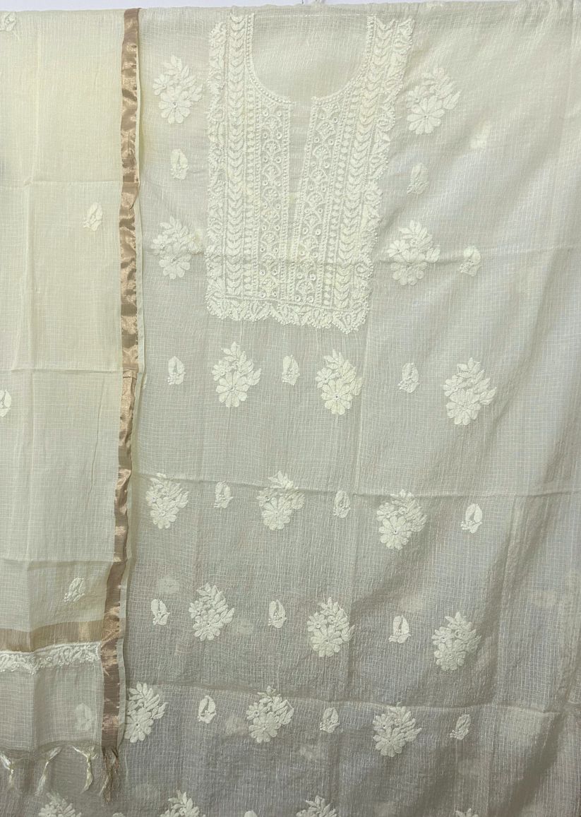 Firgun Lemon Lucknowi Chikankari Kota Unstitched Kurta & Dupatta Set