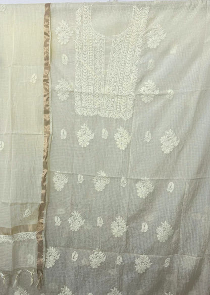Firgun Lemon Lucknowi Chikankari Kota Unstitched Kurta & Dupatta Set
