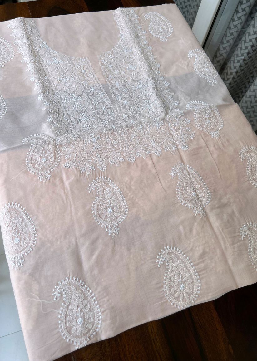 Firgun Light Peach Lucknowi Chikankari Cotton Unstitched Kurta
