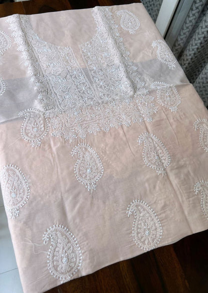 Firgun Light Peach Lucknowi Chikankari Cotton Unstitched Kurta
