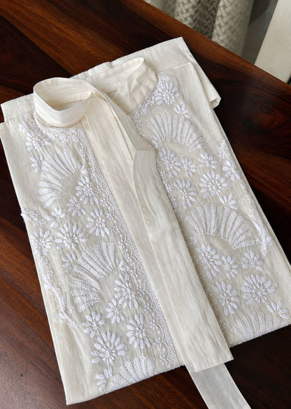 Firgun Cream Lucknowi Chikankari Mul Chanderi Semi-Stitched Shirt