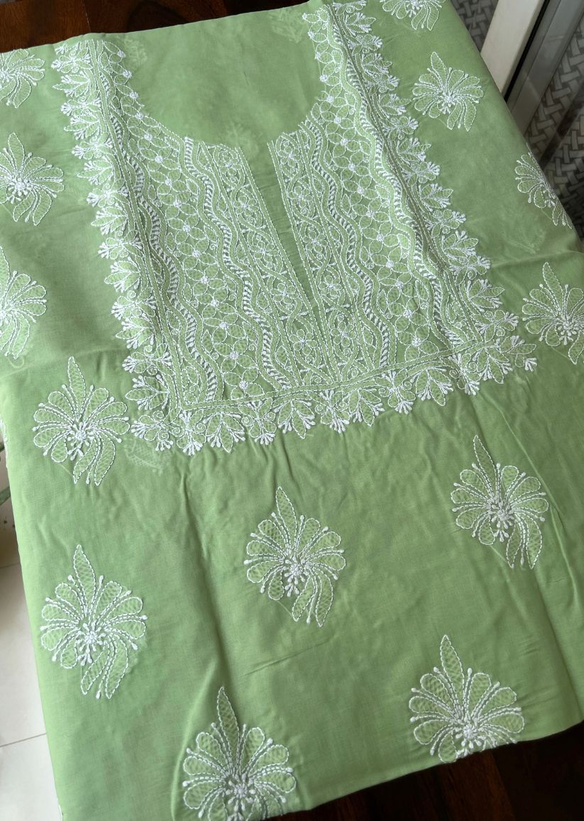Firgun Pista Green Lucknowi Chikankari Cotton Unstitched Kurta