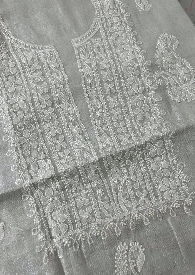 Firgun Silver Lucknowi Chikankari Chanderi Silver Tissue Kurta Dupatta Set