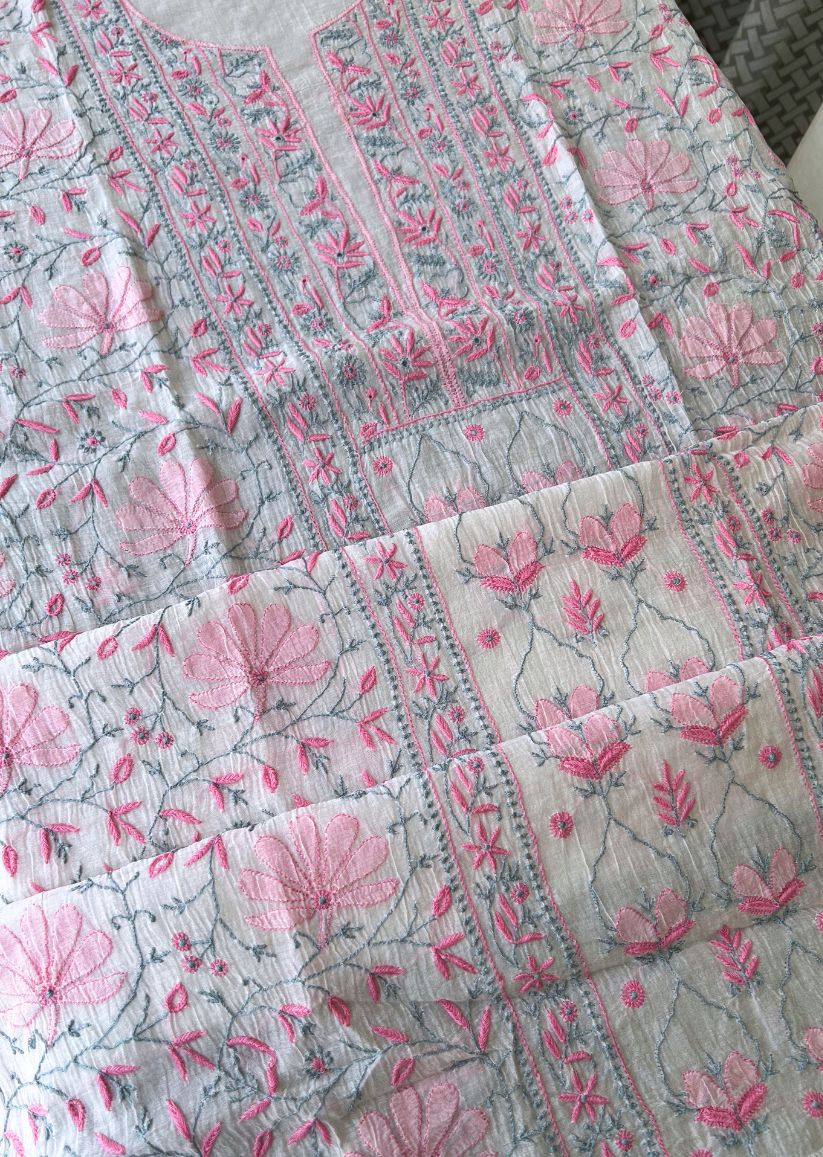 Firgun White Lucknowi Chikankari with Pink & Grey Work Mul Chanderi Unstitched Kurta & Dupatta Set