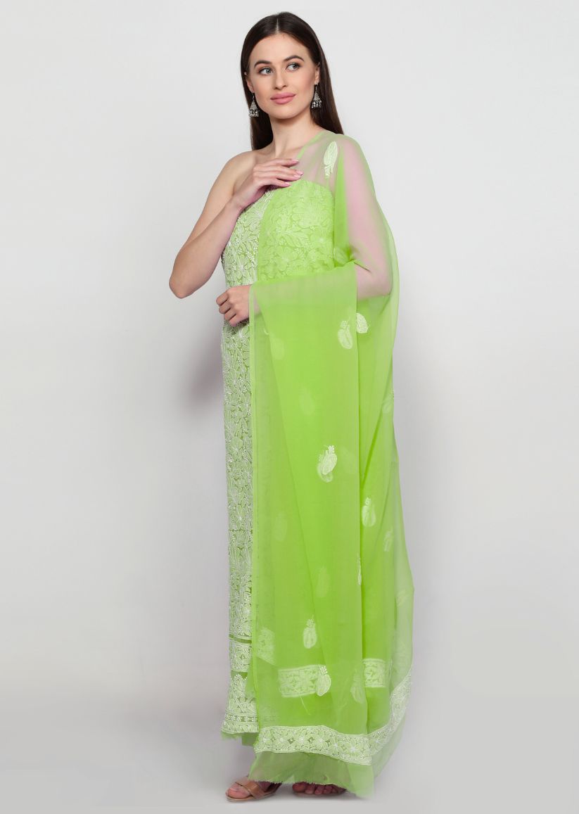 Firgun Hand Embroidered Pista Green Lucknowi Chikankari Georgette Unstitched Suit Set