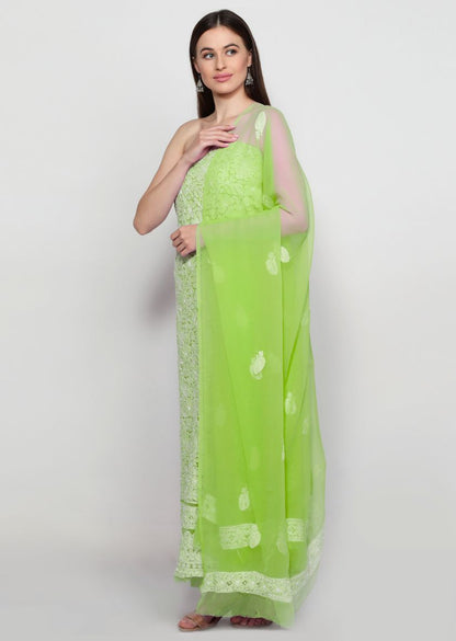 Firgun Hand Embroidered Pista Green Lucknowi Chikankari Georgette Unstitched Suit Set