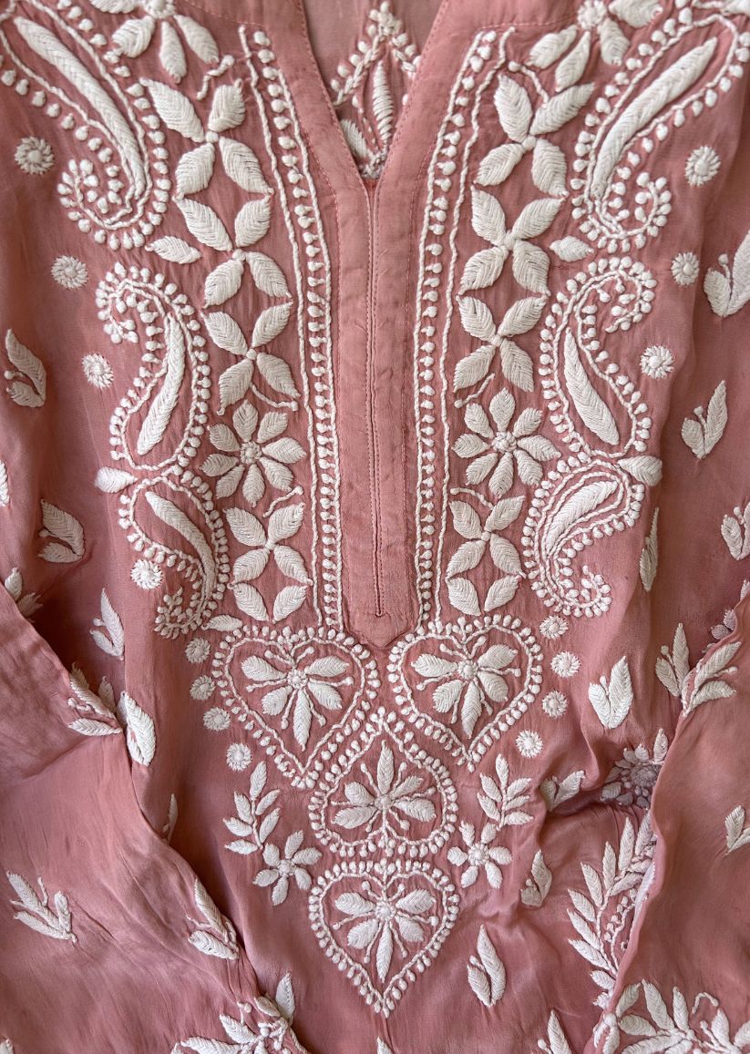 Firgun Peach Lucknowi Chikankari Silk Straight Kurta