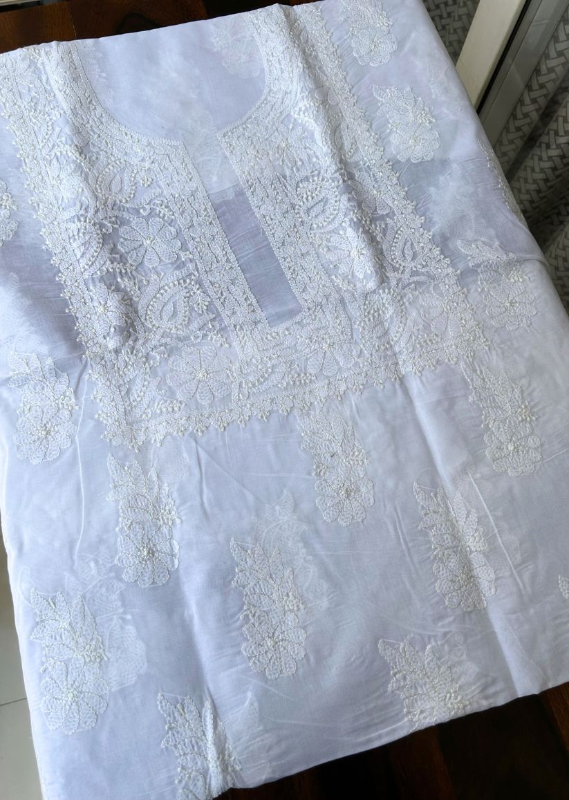 Firgun White Lucknowi Chikankari Cotton Unstitched Kurta