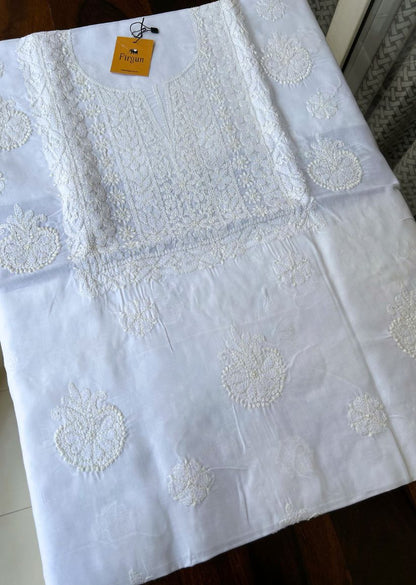 Firgun White Lucknowi Chikankari Cotton Unstitched Kurta