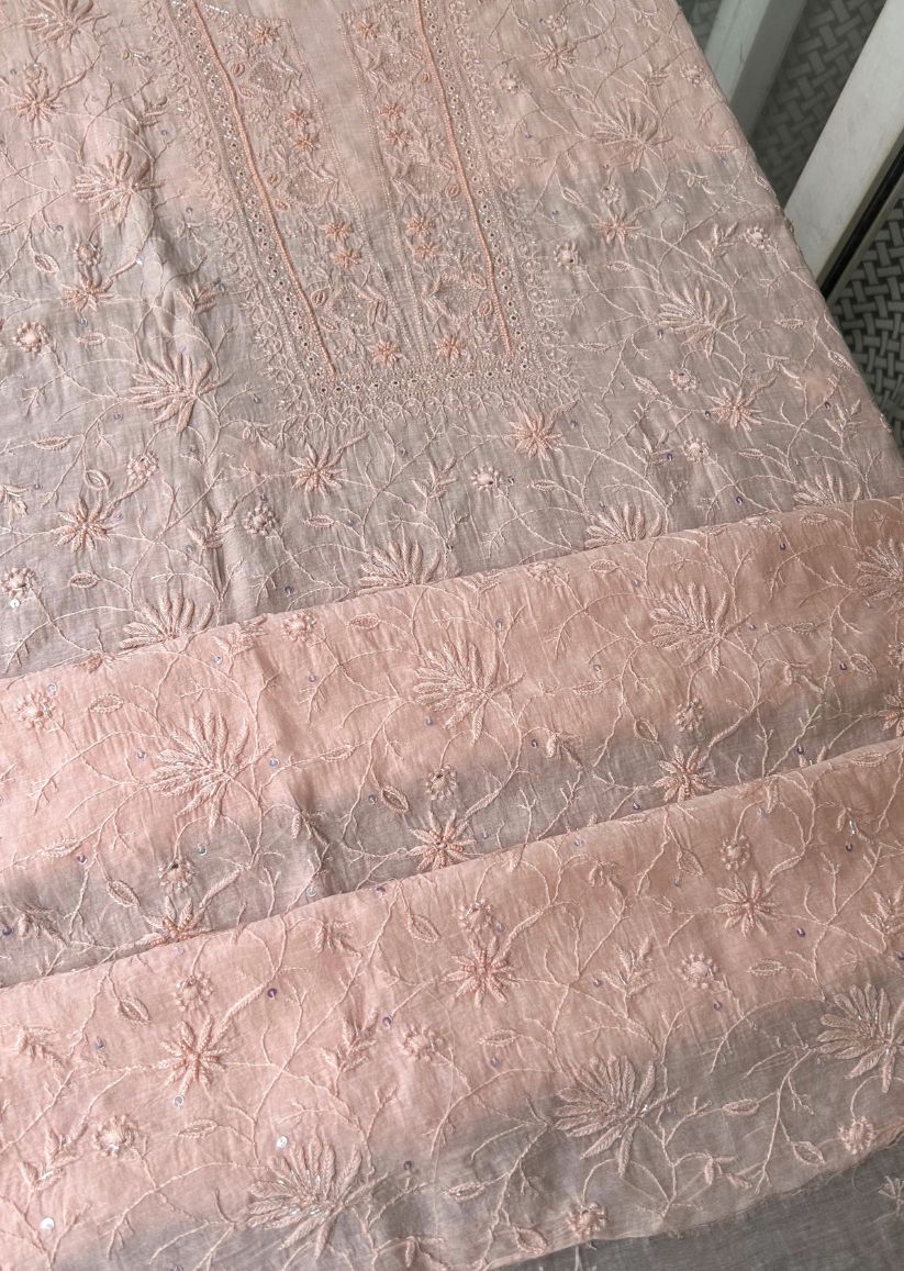 Firgun Peach Lucknowi Chikankari Mul Chanderi Unstitched Kurta & Dupatta Set with Pearl & Cutdana Work