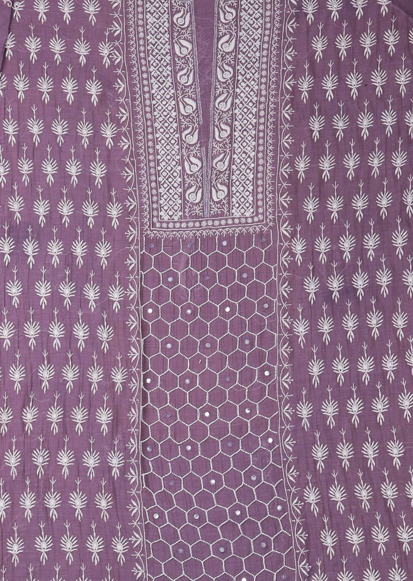 Firgun Mauve Lucknowi Chikankari & Pearl Work Mul Chanderi Unstitched Kurta & Dupatta Set