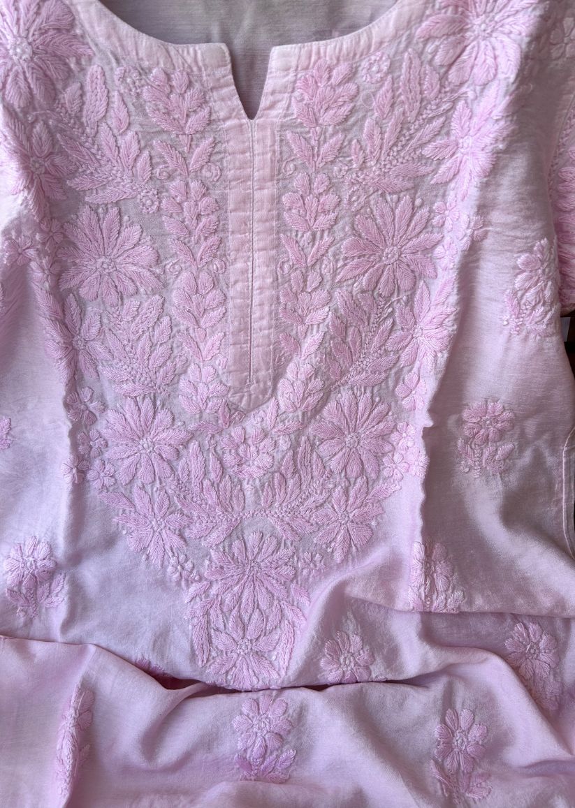 Firgun Pink Lucknowi Chikankari Chanderi Straight Kurta