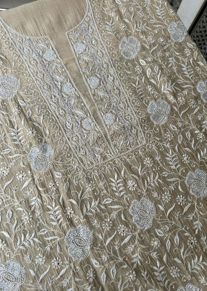 Firgun Beige Lucknowi Chikankari Mul Chanderi Unstitched Kurta & Dupatta Set with Pearl & Cutdana Work